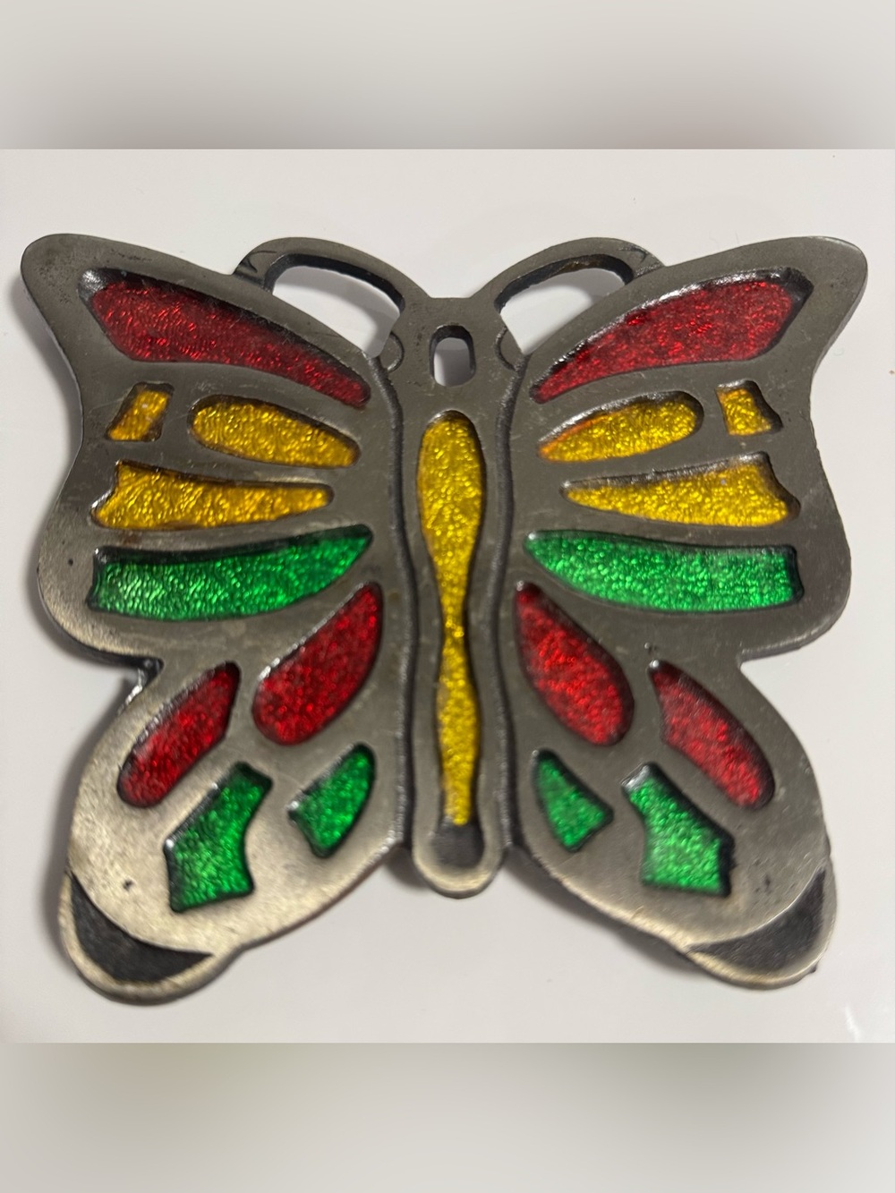Decorative Butterfly Accent with Red, Green, and Yellow Enamel Inlay FOOTED